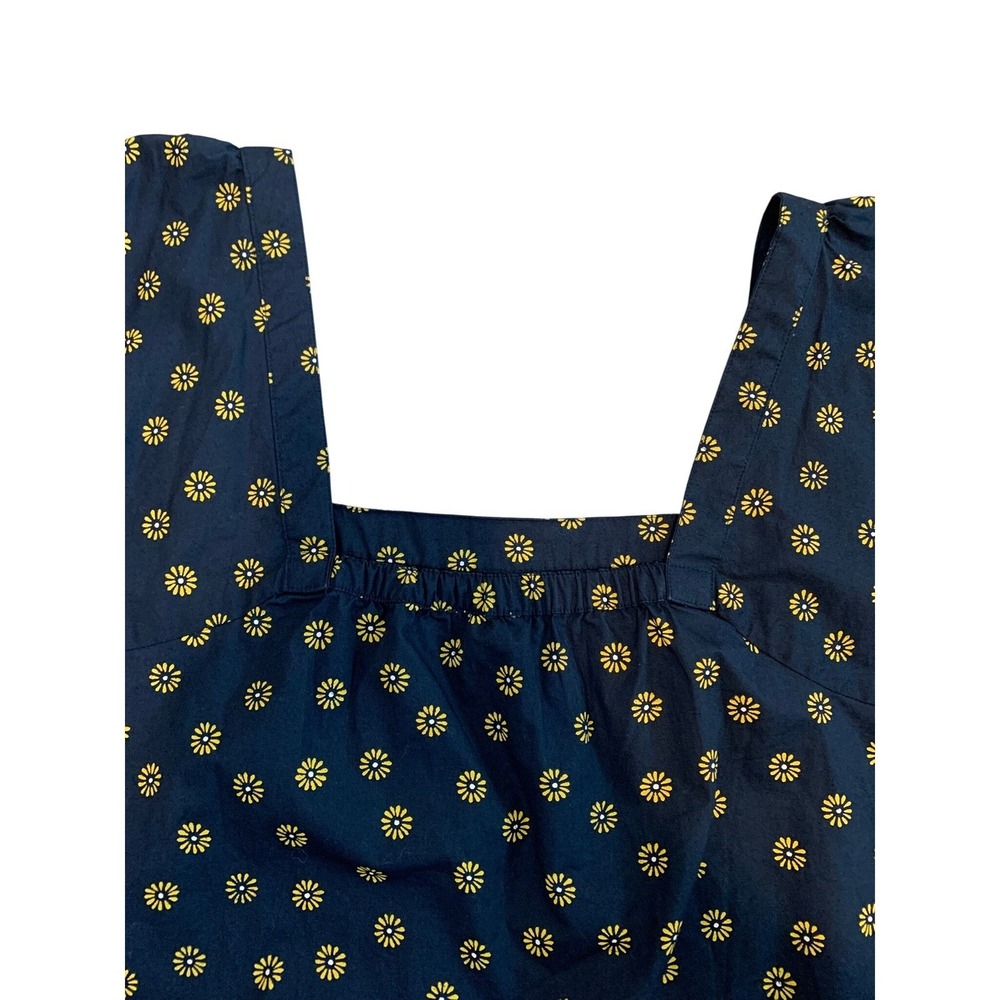 J.Crew Women Cotton Navy Blue Daisy Floral Pom Pom Trim Square Neck Top 4 - Picture 6 of 9